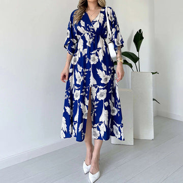 Women's Summer V-Necked Print Skirt High Waist-Comfort Temperament Open-Broken Flower Dress